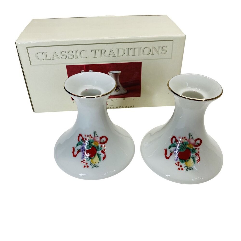 Classic Traditions Japan Floral Christmas Ceramic Candle Holders Gold Trim Set
